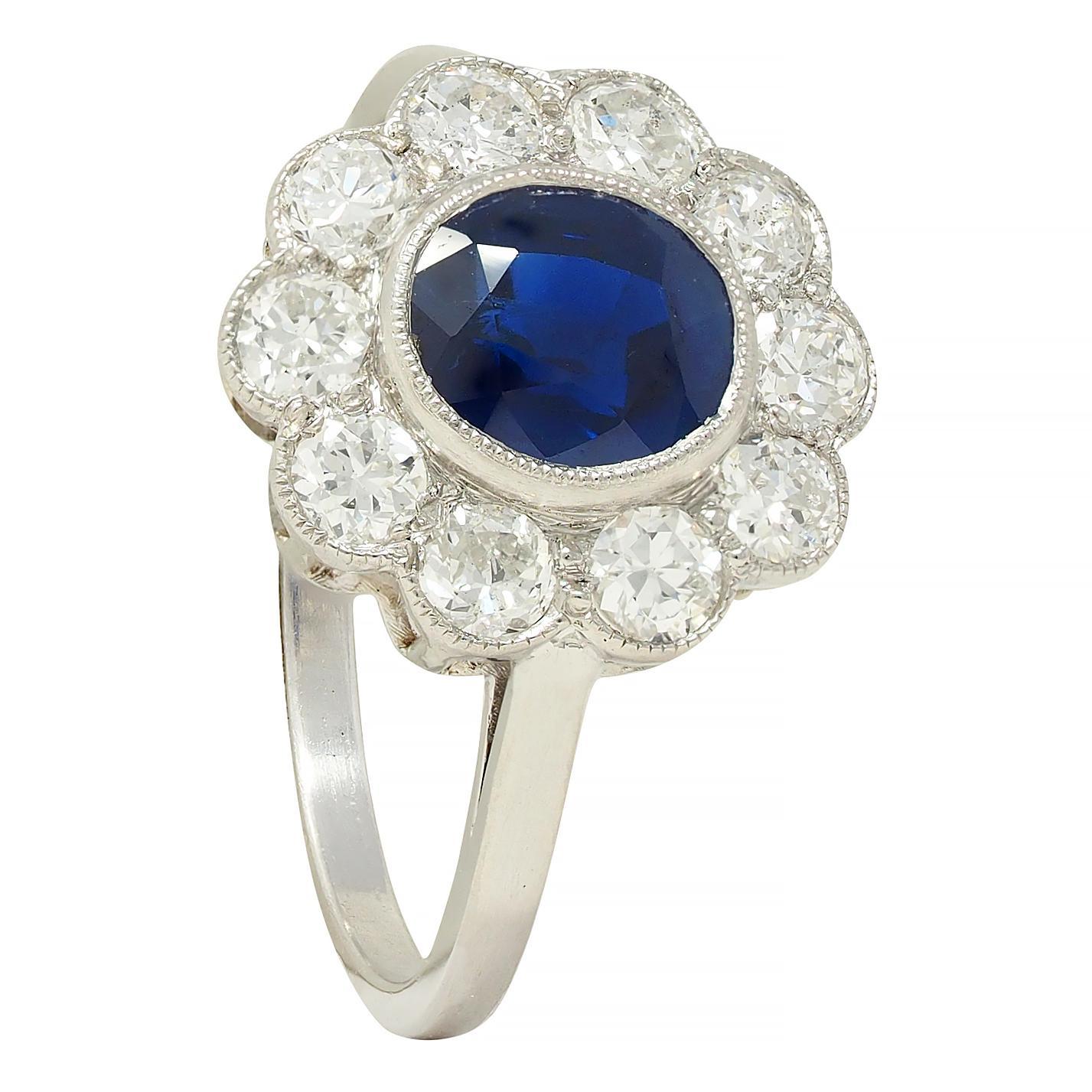Art Deco 2.15 CTW Sapphire Diamond Platinum Vintage Halo Ring For Sale 6