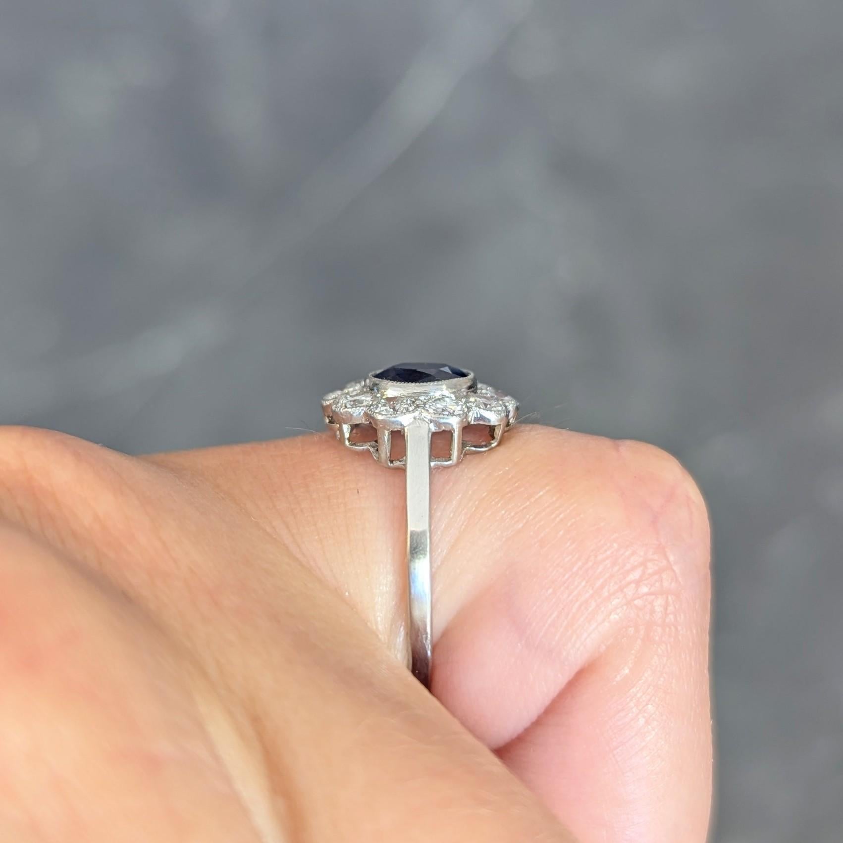 Art Deco 2.15 CTW Sapphire Diamond Platinum Vintage Halo Ring For Sale 8