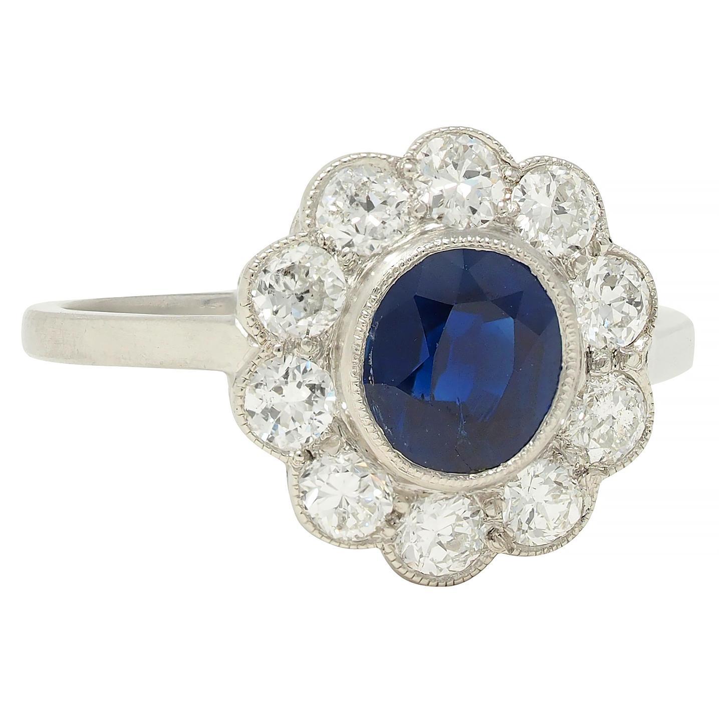 Round Cut Art Deco 2.15 CTW Sapphire Diamond Platinum Vintage Halo Ring For Sale
