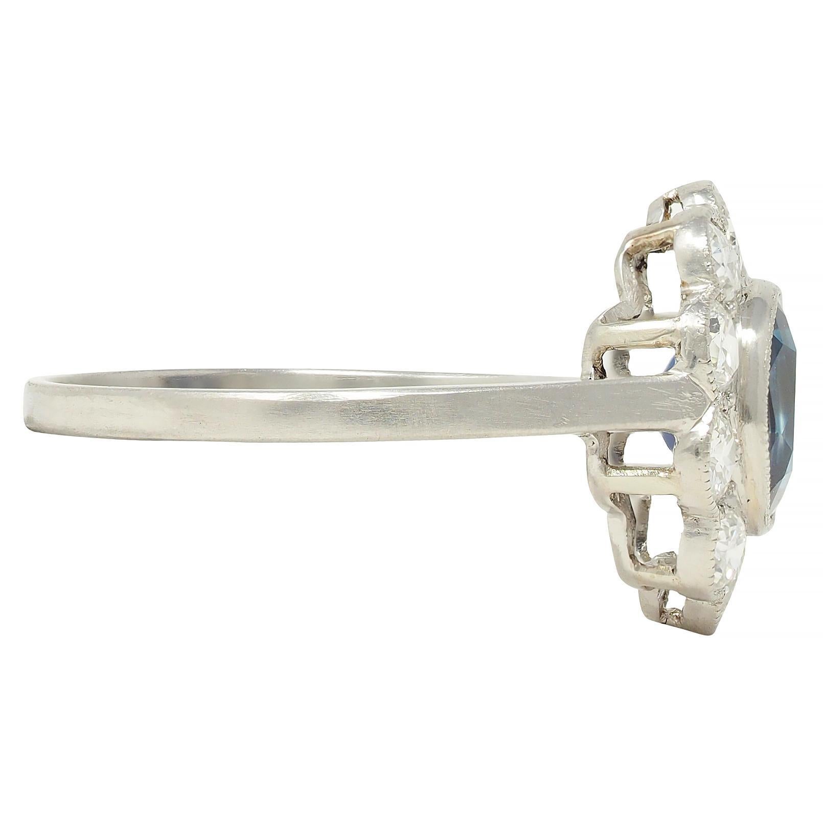 Art Deco 2.15 CTW Sapphire Diamond Platinum Vintage Halo Ring In Excellent Condition For Sale In Philadelphia, PA