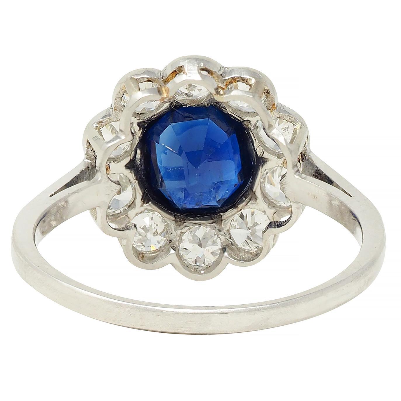 Women's or Men's Art Deco 2.15 CTW Sapphire Diamond Platinum Vintage Halo Ring For Sale