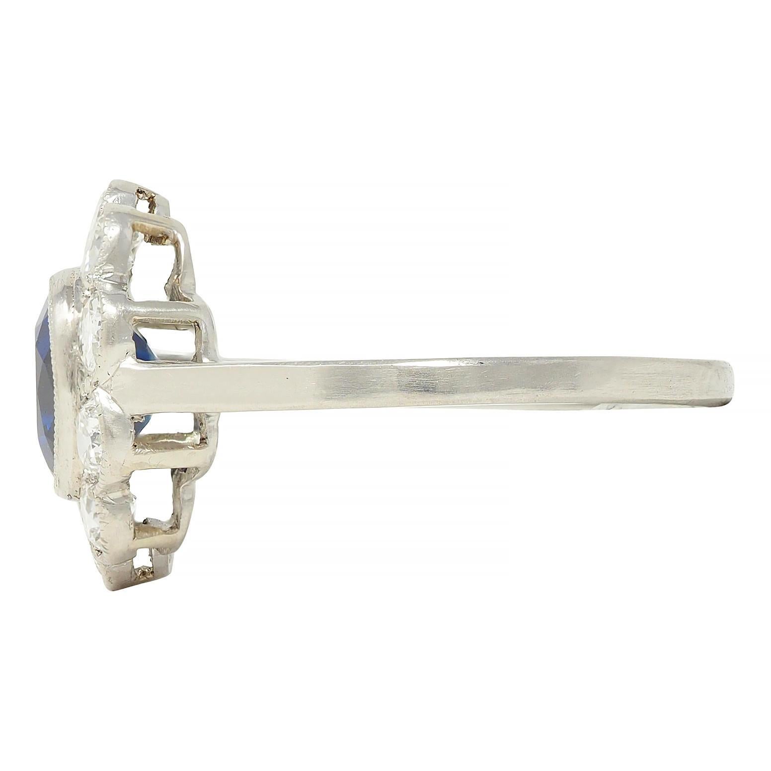 Art Deco 2.15 CTW Sapphire Diamond Platinum Vintage Halo Ring For Sale 1