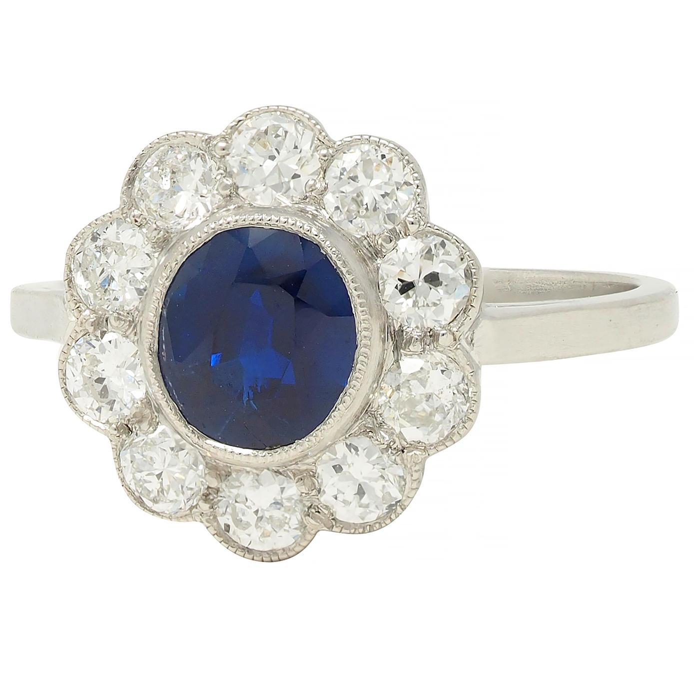 Art Deco 2.15 CTW Sapphire Diamond Platinum Vintage Halo Ring For Sale 2