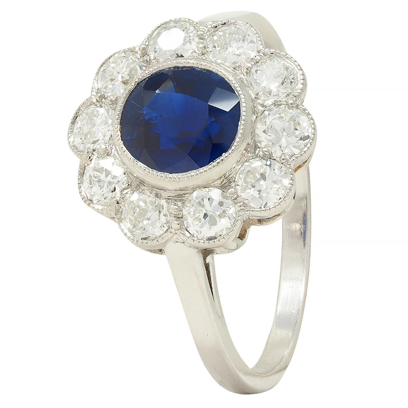 Art Deco 2.15 CTW Sapphire Diamond Platinum Vintage Halo Ring For Sale 3