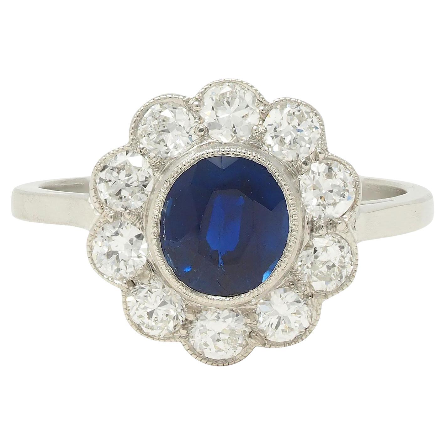 Art Deco 2.15 CTW Sapphire Diamond Platinum Vintage Halo Ring