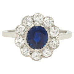 Art Decó 2.15 CTW Zafiro Diamante Platino Anillo Halo Vintage