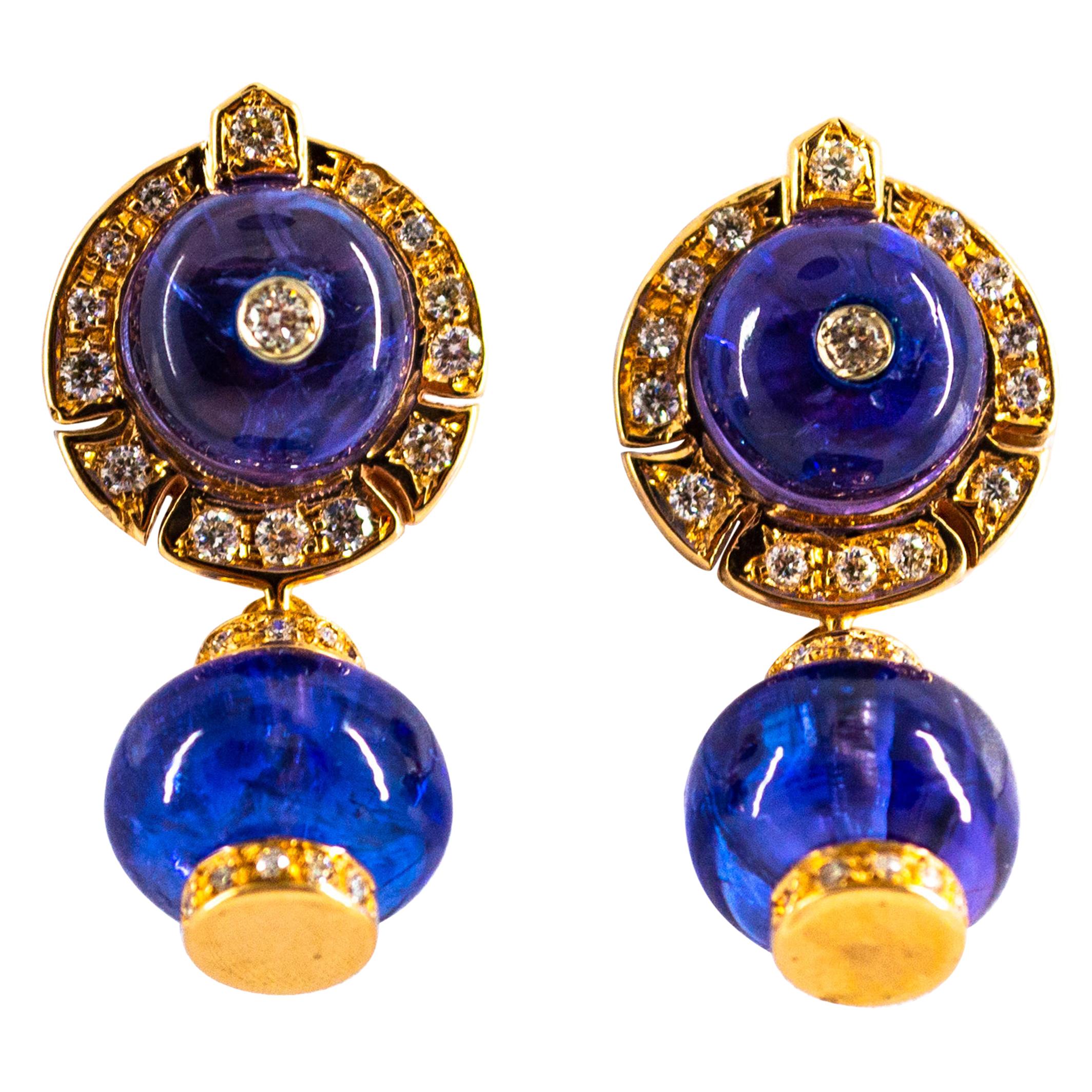 Art Deco Style 21.50 Carat Diamond Tanzanite Yellow Gold Stud Dangle Earrings