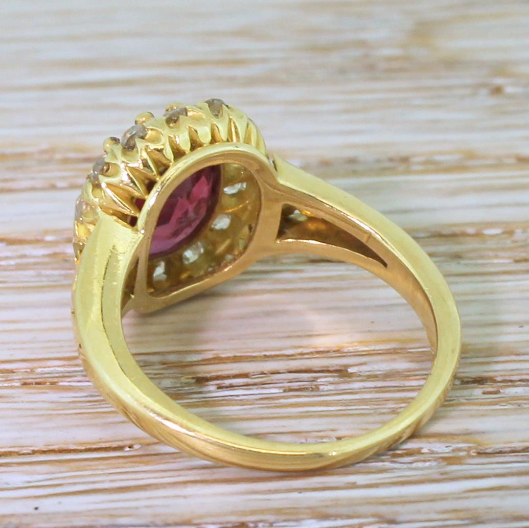 Women's or Men's Art Deco 2.16 Carat Ruby and Old Cut Diamond 18 Karat Gold Cluster Ring