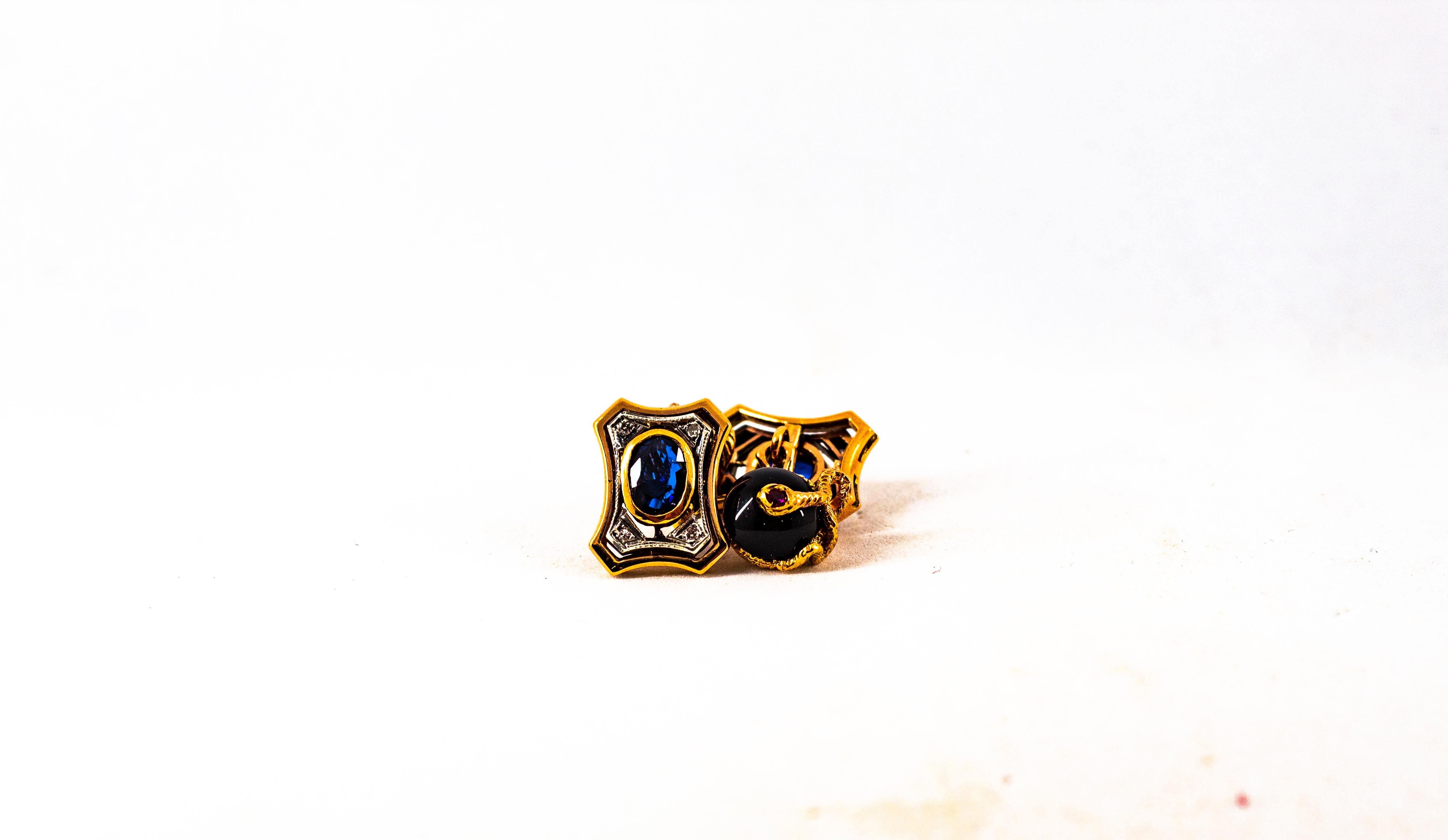 Rose Cut Art Deco Style  2.16 Carat Diamond Ruby Blue Sapphire Onyx Yellow Gold Cufflinks