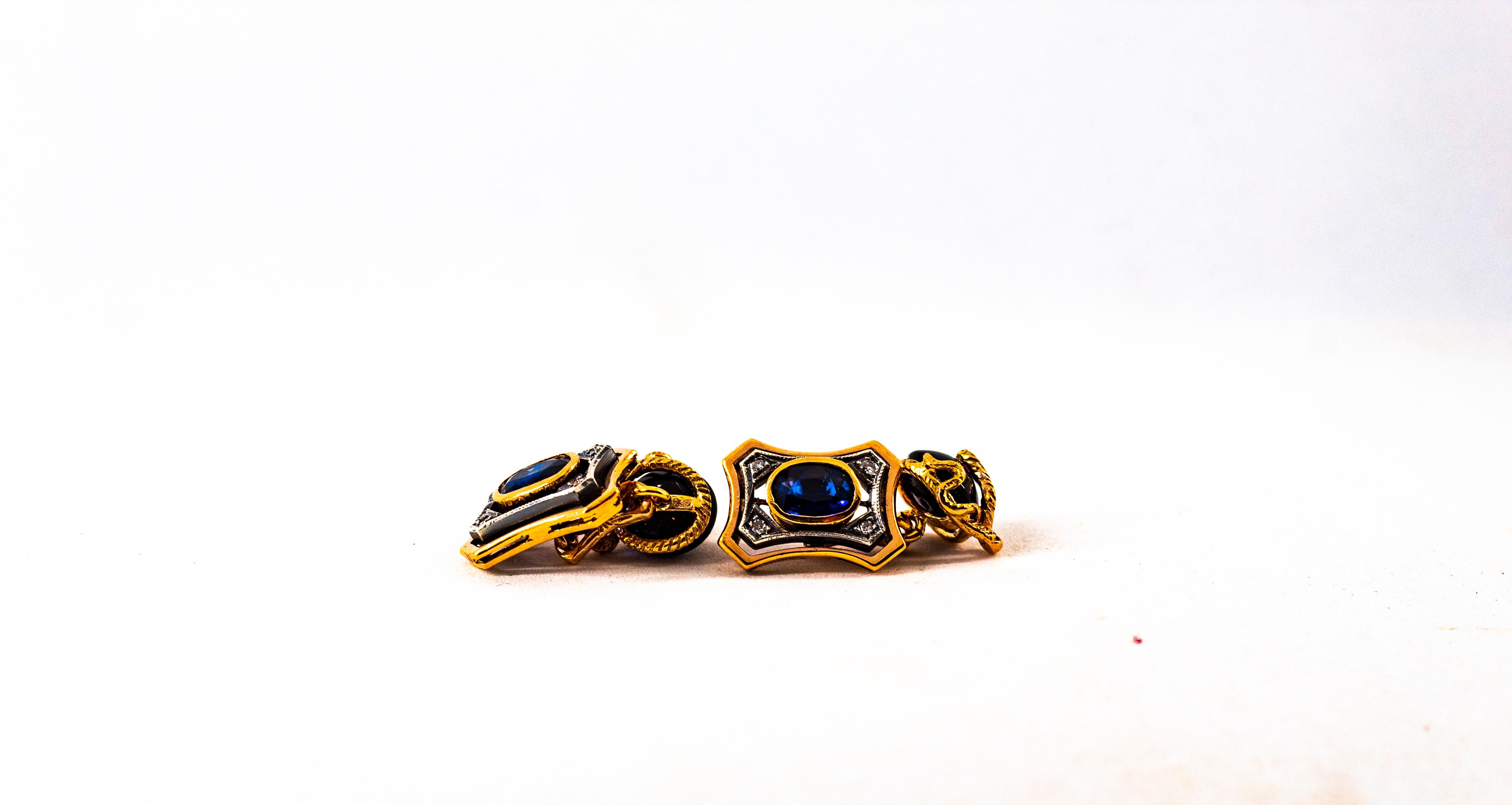 Art Deco Style  2.16 Carat Diamond Ruby Blue Sapphire Onyx Yellow Gold Cufflinks In New Condition In Naples, IT