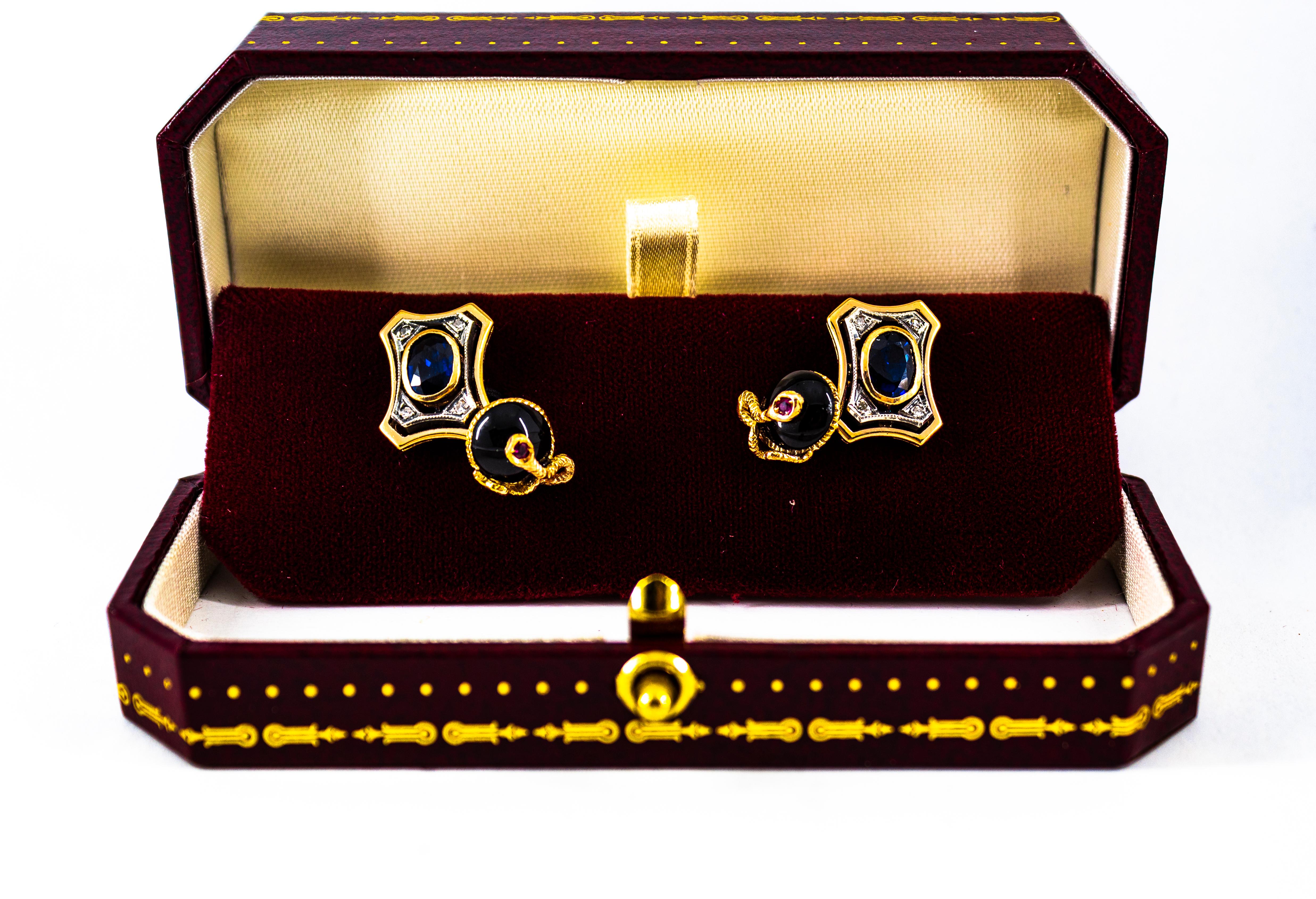 Women's or Men's Art Deco Style  2.16 Carat Diamond Ruby Blue Sapphire Onyx Yellow Gold Cufflinks