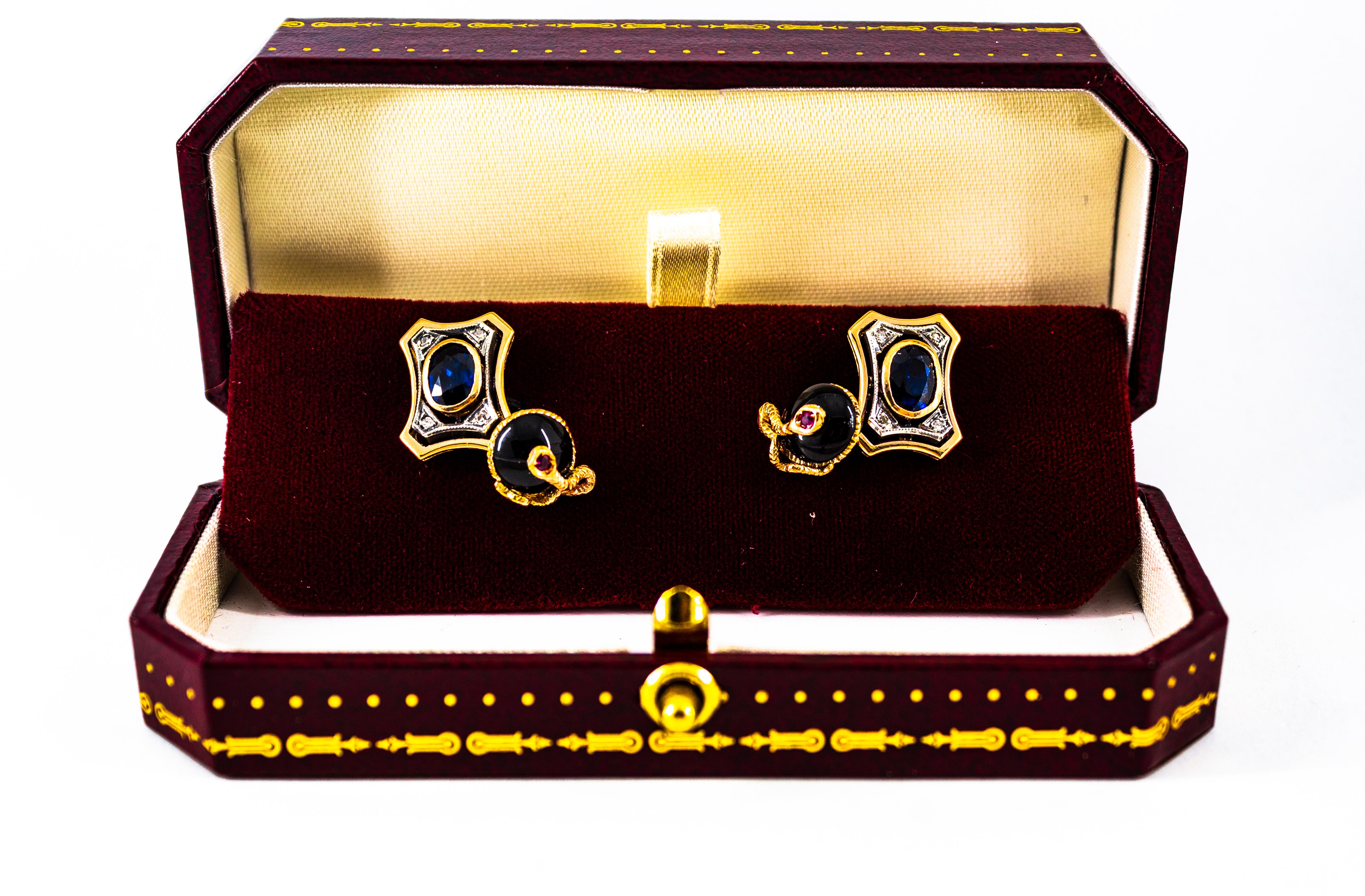 Art Deco Style  2.16 Carat Diamond Ruby Blue Sapphire Onyx Yellow Gold Cufflinks 1