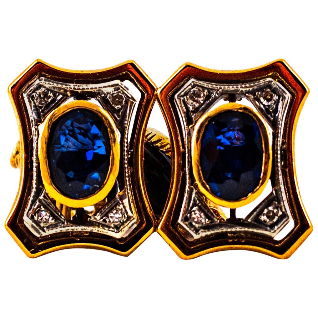 Art Deco Style  2.16 Carat Diamond Ruby Blue Sapphire Onyx Yellow Gold Cufflinks