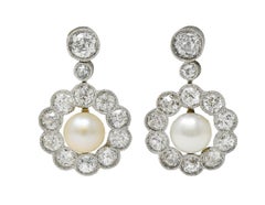 Art Deco 2.16 CTW Diamond Pearl Platinum Vintage Halo Drop Earrings