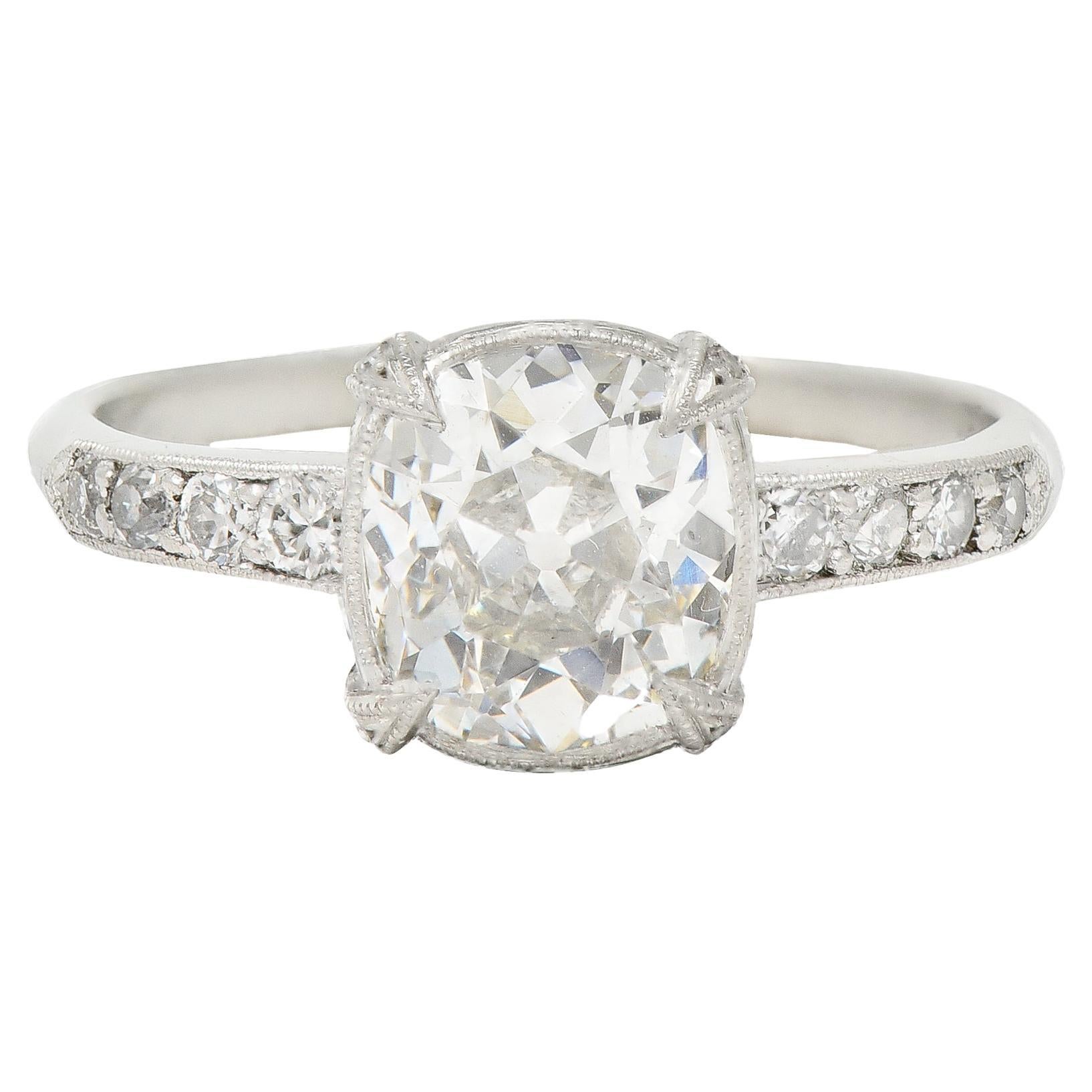 Art Deco 2.17 CTW Old Mine Diamond Platinum Knife Edge Vintage Engagement Ring For Sale