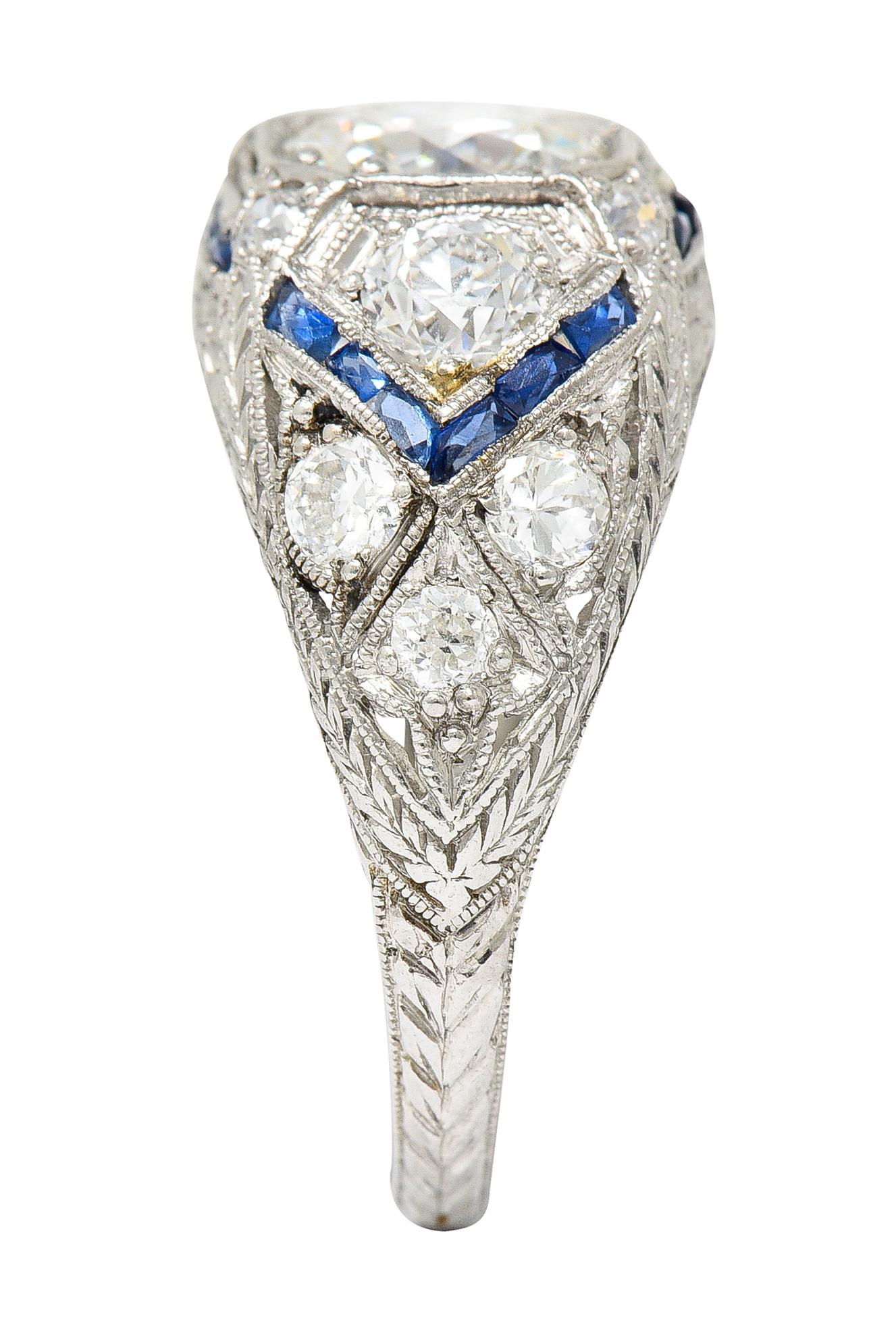 Art Deco 2.18 Carats Diamond Sapphire Platinum Engraved Engagement Ring 5