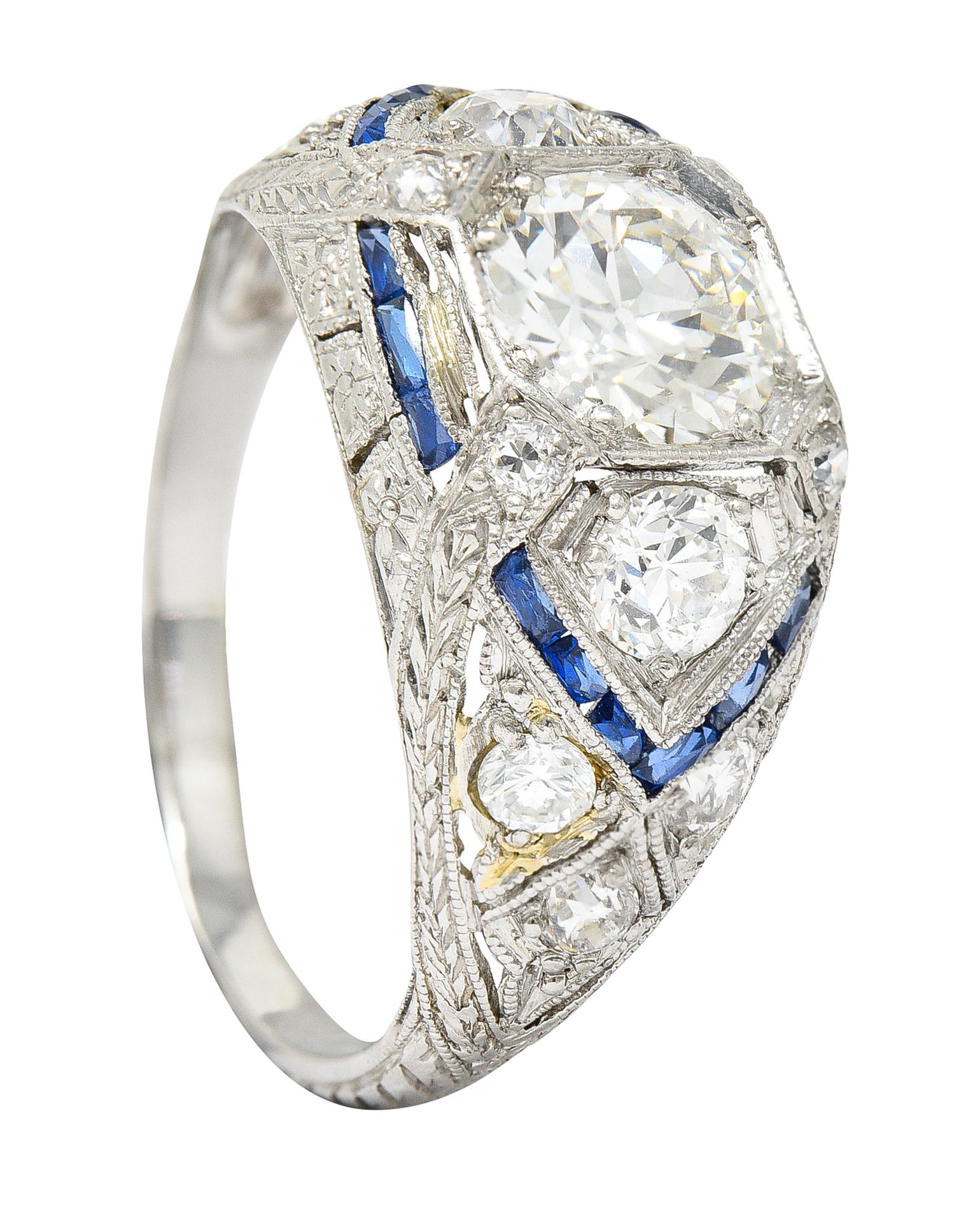 Art Deco 2.18 Carats Diamond Sapphire Platinum Engraved Engagement Ring 6