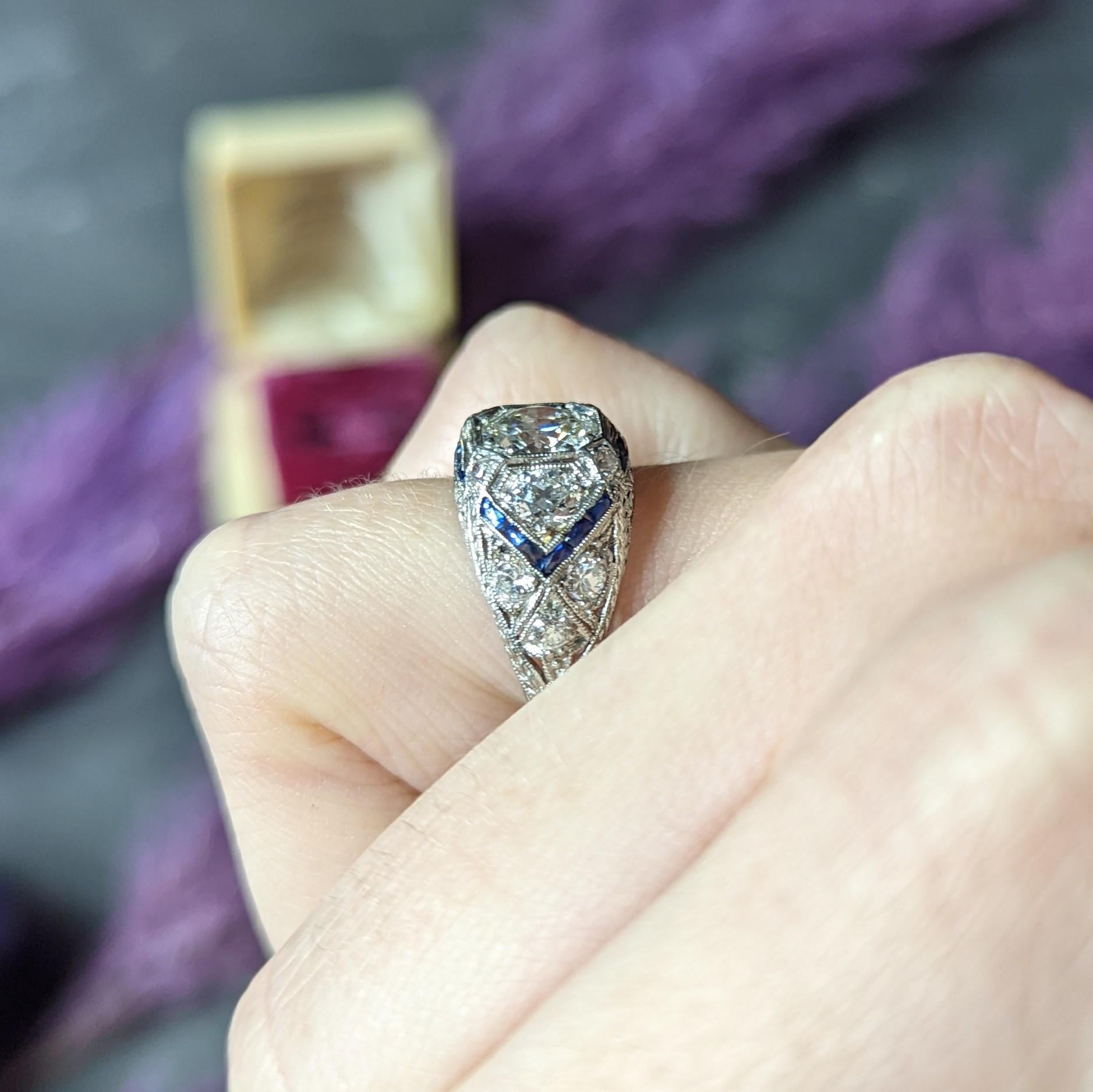 Art Deco 2.18 Carats Diamond Sapphire Platinum Engraved Engagement Ring 8