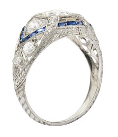 Art Deco 2.18 Carats Diamond Sapphire Platinum Engraved Engagement Ring