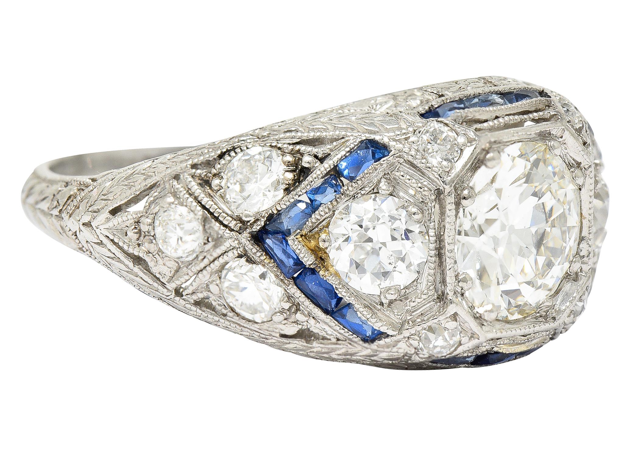 Old European Cut Art Deco 2.18 Carats Diamond Sapphire Platinum Engraved Engagement Ring