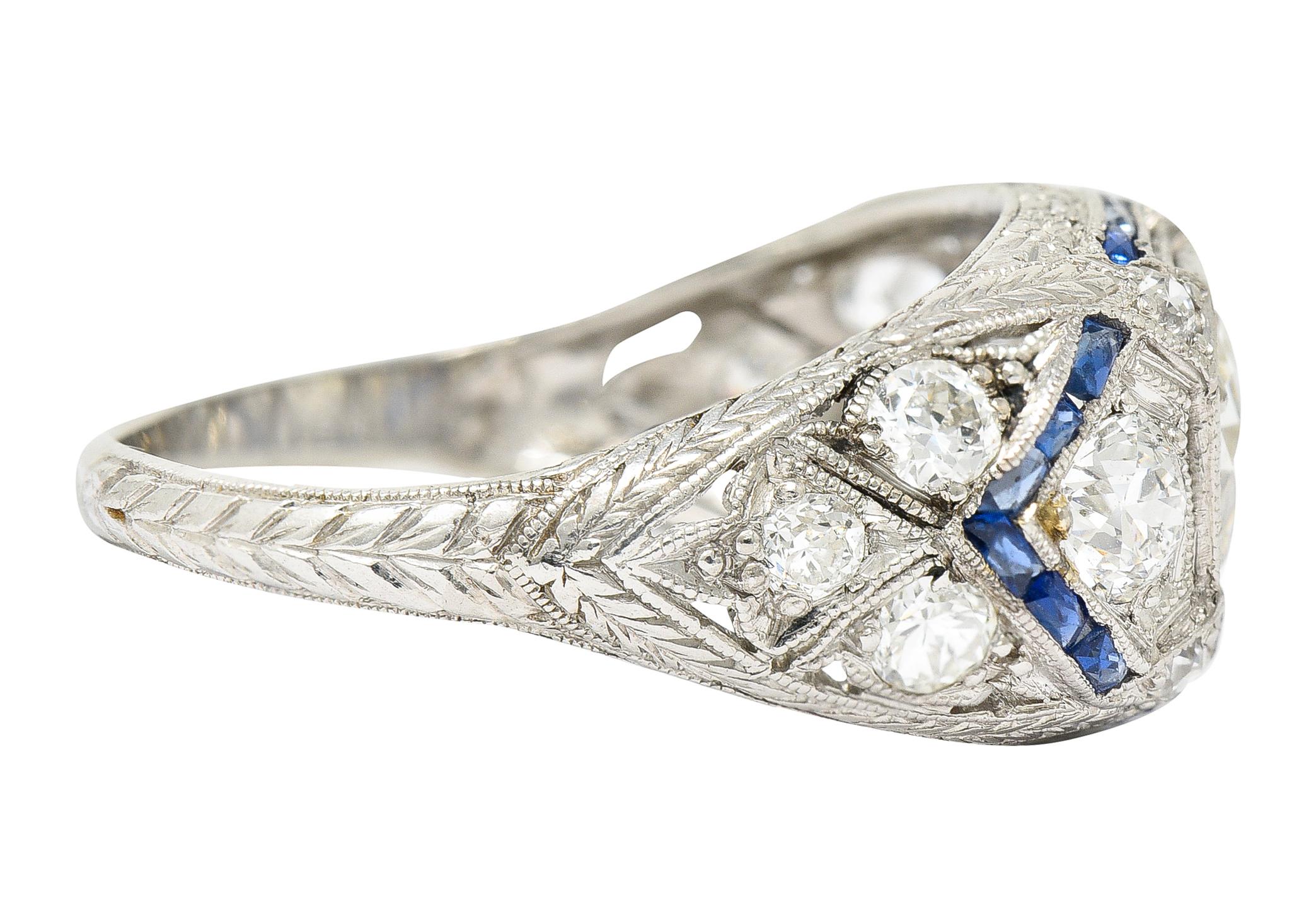 Art Deco 2.18 Carats Diamond Sapphire Platinum Engraved Engagement Ring In Excellent Condition In Philadelphia, PA