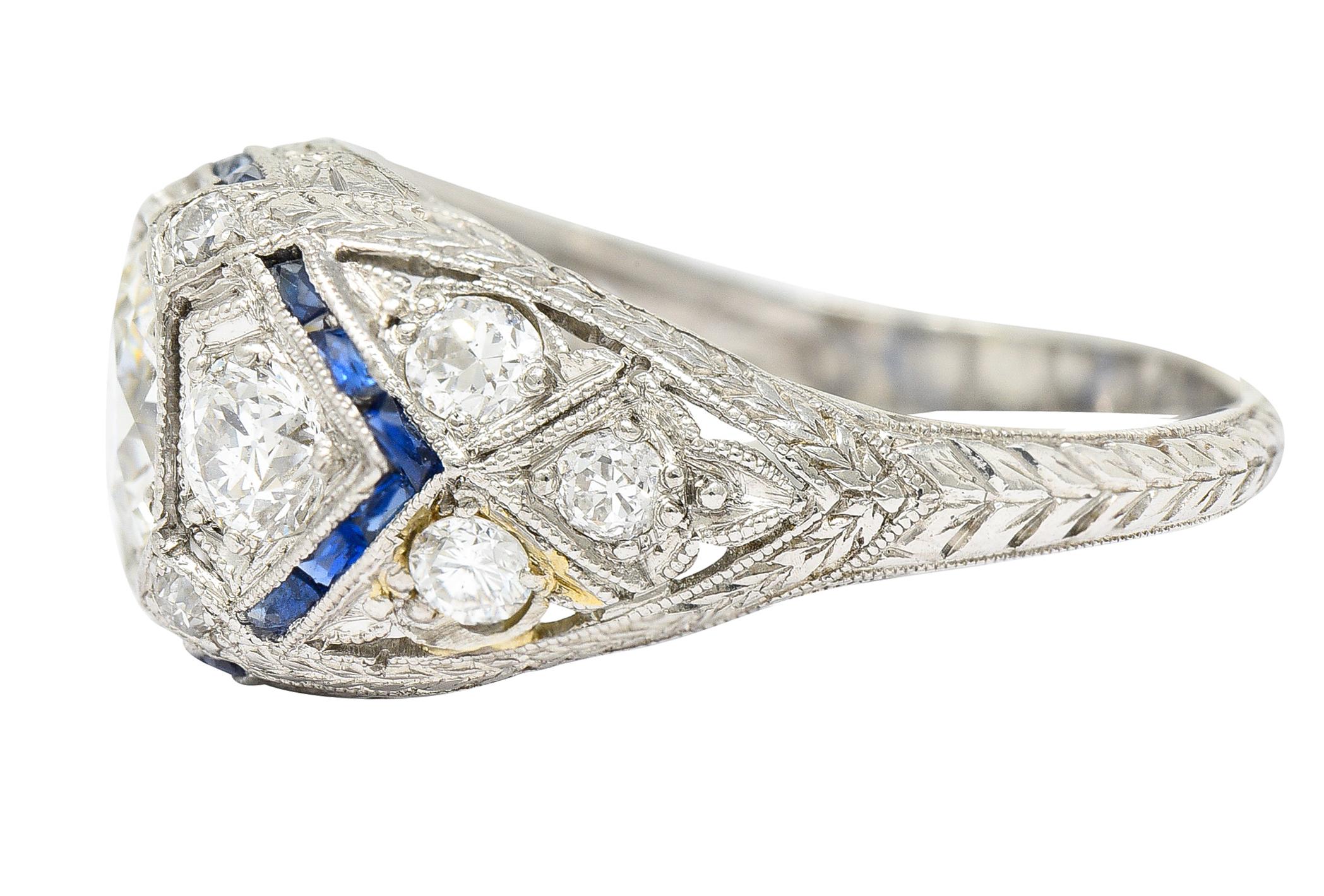 Art Deco 2.18 Carats Diamond Sapphire Platinum Engraved Engagement Ring 1
