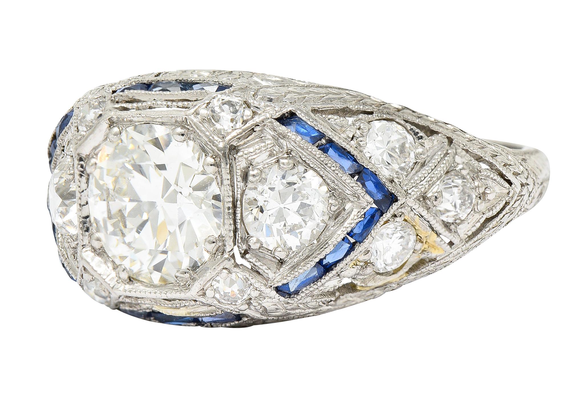 Art Deco 2.18 Carats Diamond Sapphire Platinum Engraved Engagement Ring 2
