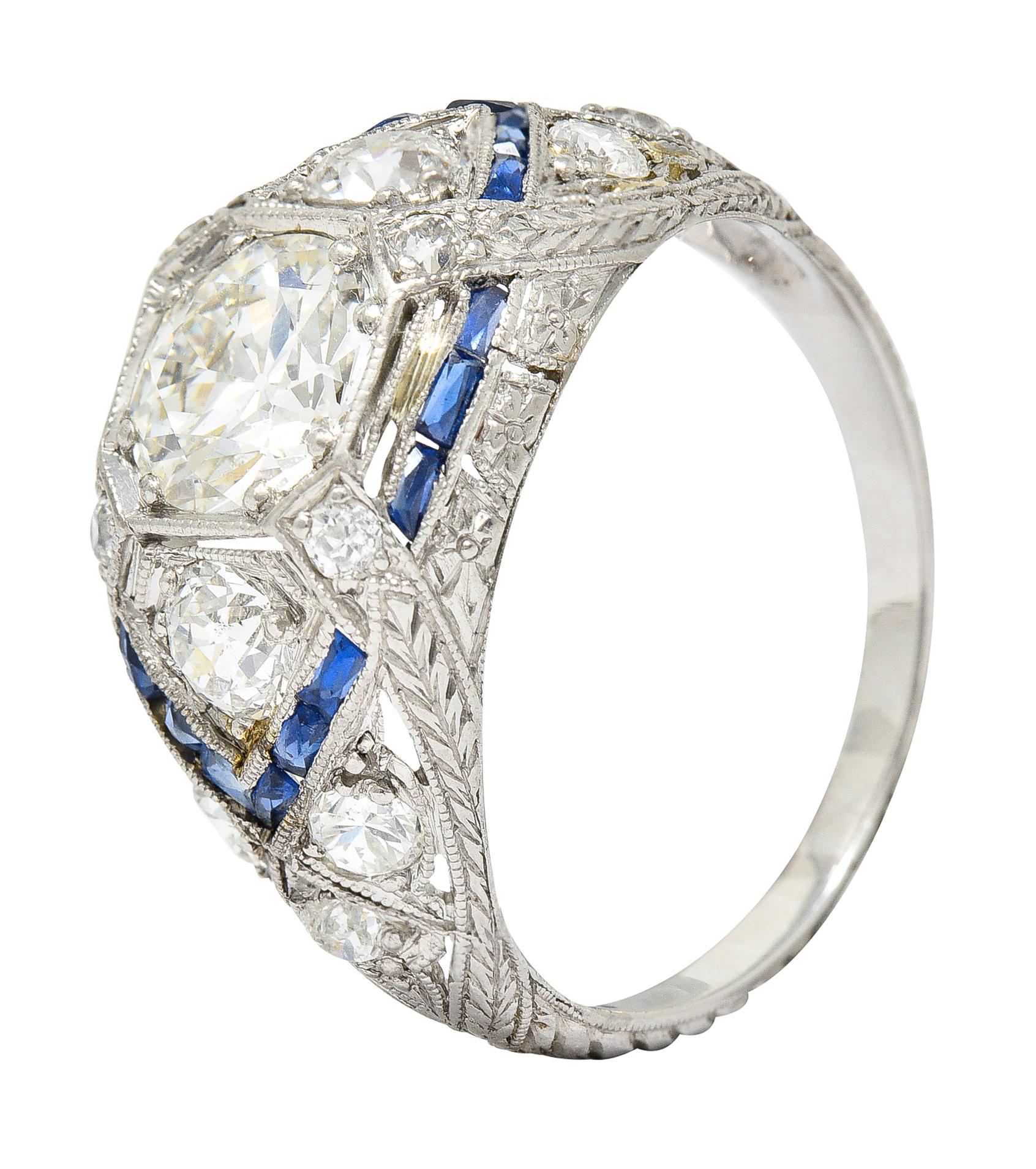 Art Deco 2.18 Carats Diamond Sapphire Platinum Engraved Engagement Ring 3