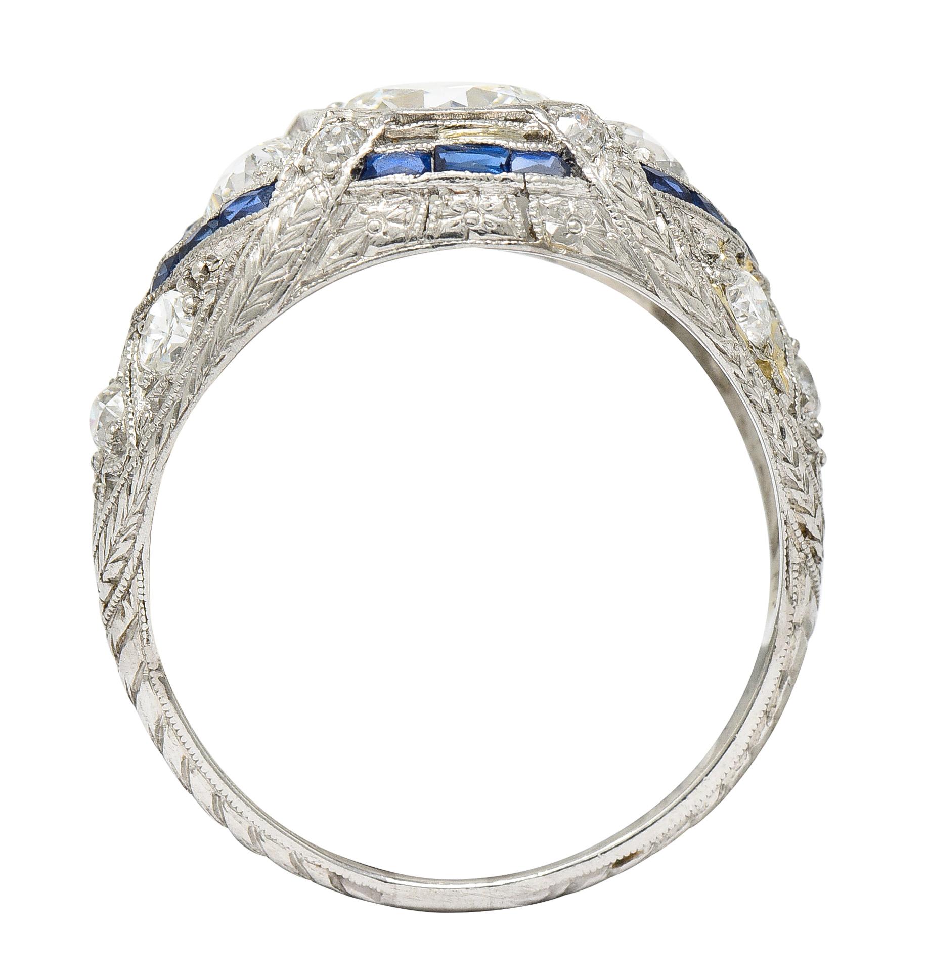Art Deco 2.18 Carats Diamond Sapphire Platinum Engraved Engagement Ring 4
