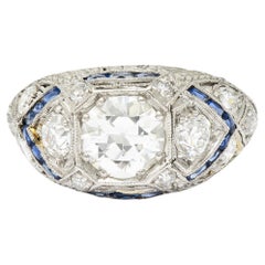 Vintage Art Deco 2.18 Carats Diamond Sapphire Platinum Engraved Engagement Ring