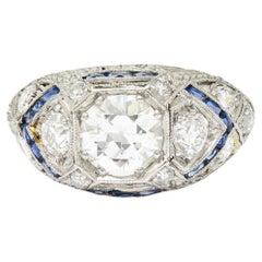 Art Deco 2.18 Carats Diamond Sapphire Platinum Engraved Engagement Ring