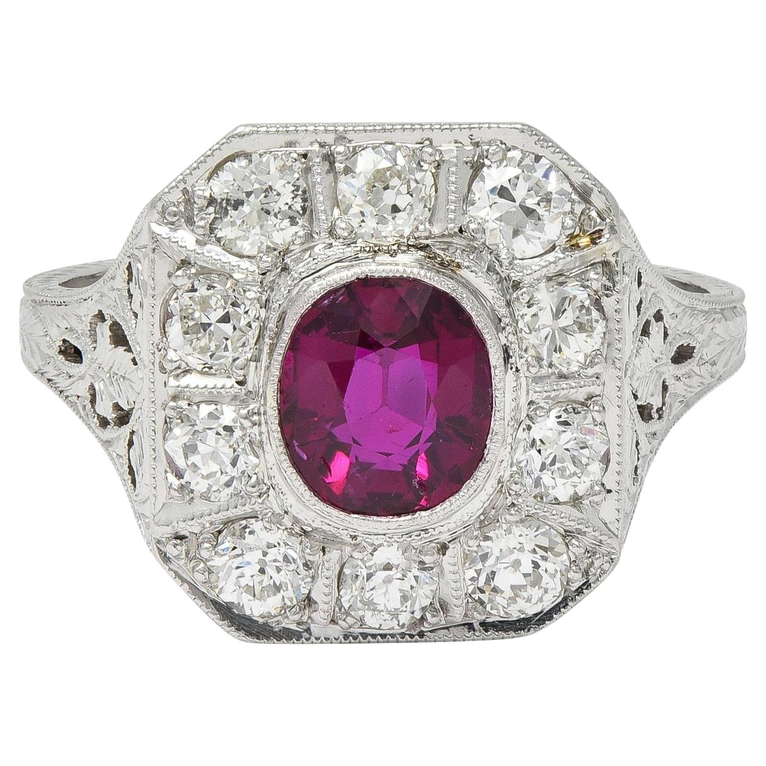 Art Deco 2.18 CTW No Heat Ruby Diamond Platinum Vintage Foliate Halo Ring GIA