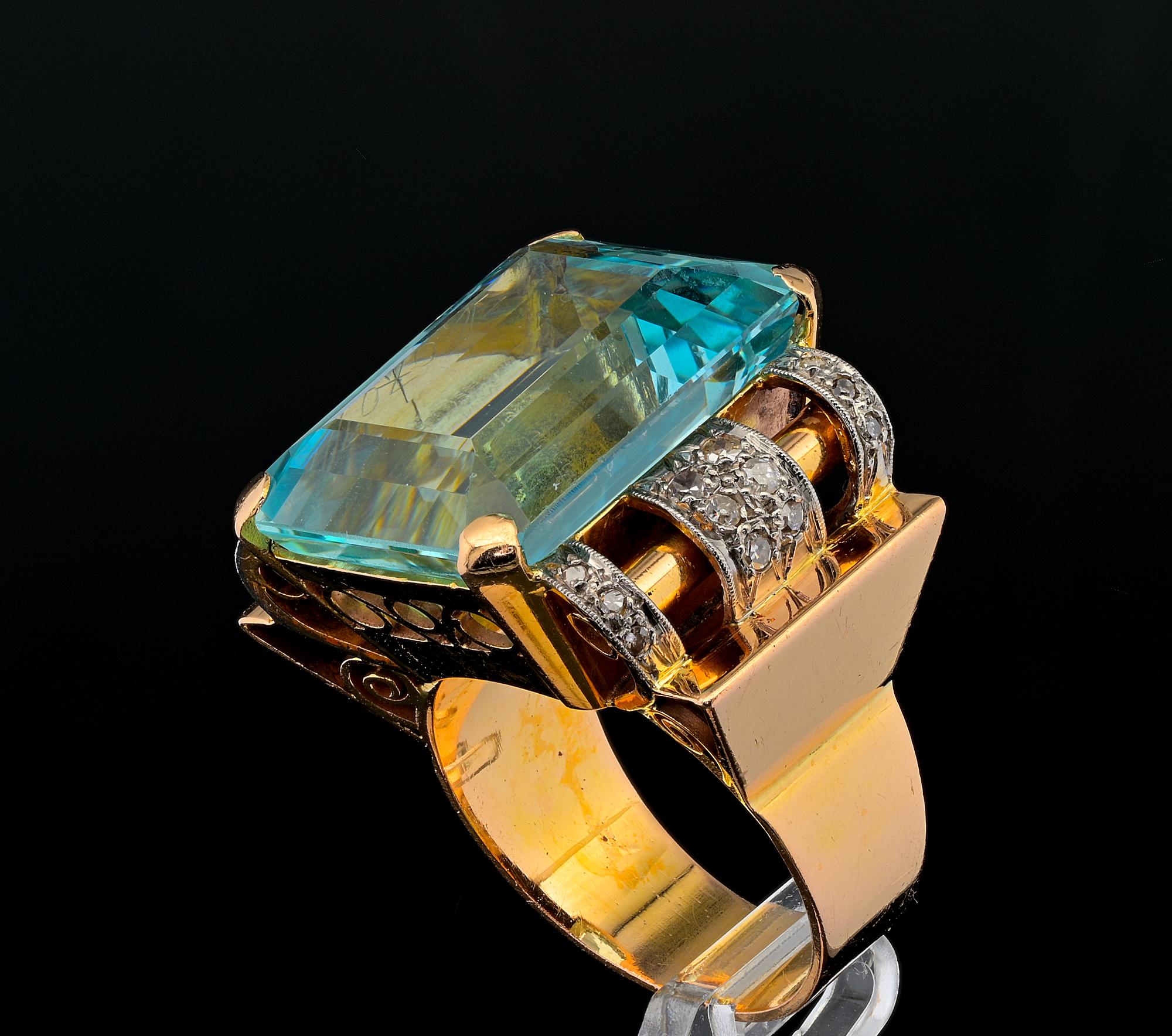 Emerald Cut Art  Deco 21.85 Ct Aquamarine Diamond Ring 18 KT For Sale