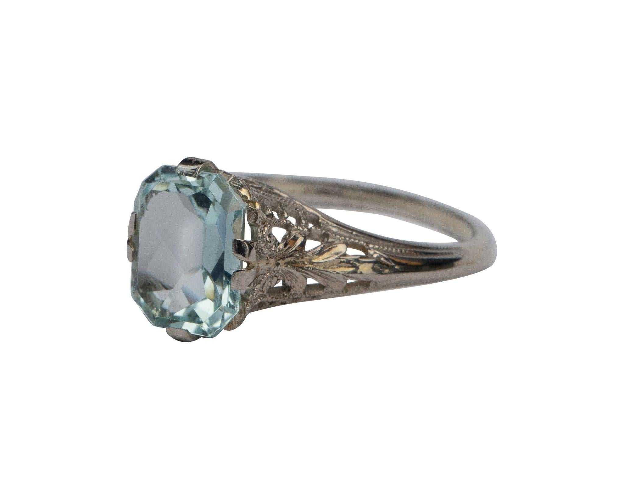 Art Deco 2.1ct Pastel Blue Aquamarine in 14k White Gold Solitaire Filigree Ring In Good Condition In Addison, TX