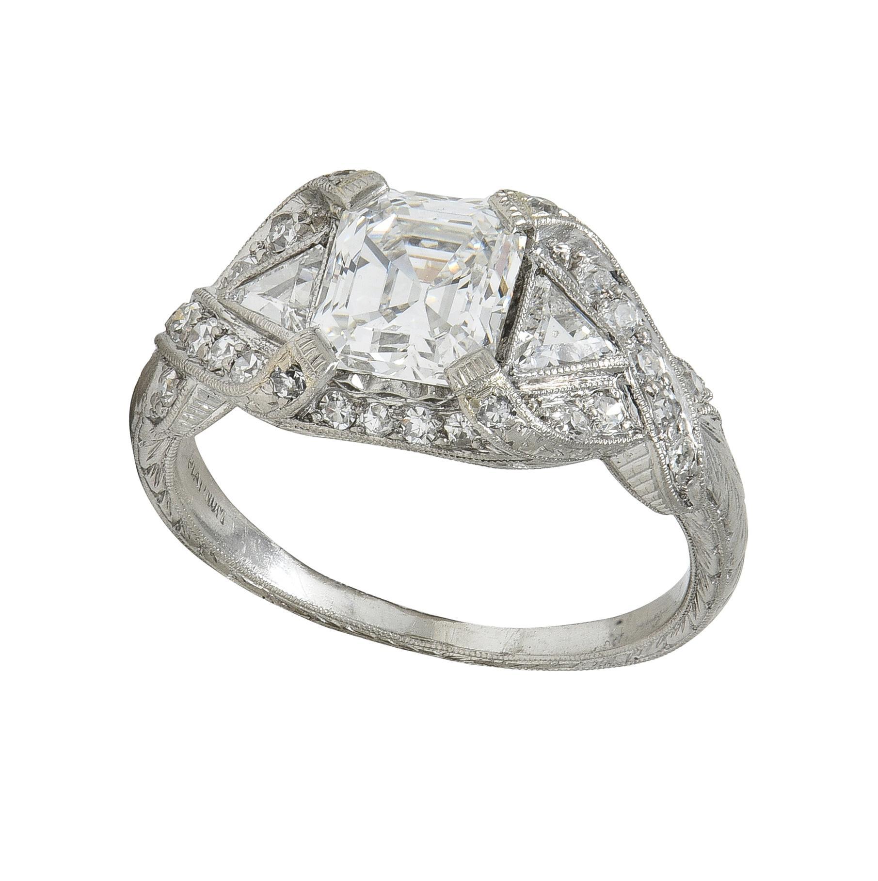 Art Deco 2.20 CTW Asscher Cut Diamond Platinum Vintage Wheat Engagement Ring For Sale 6