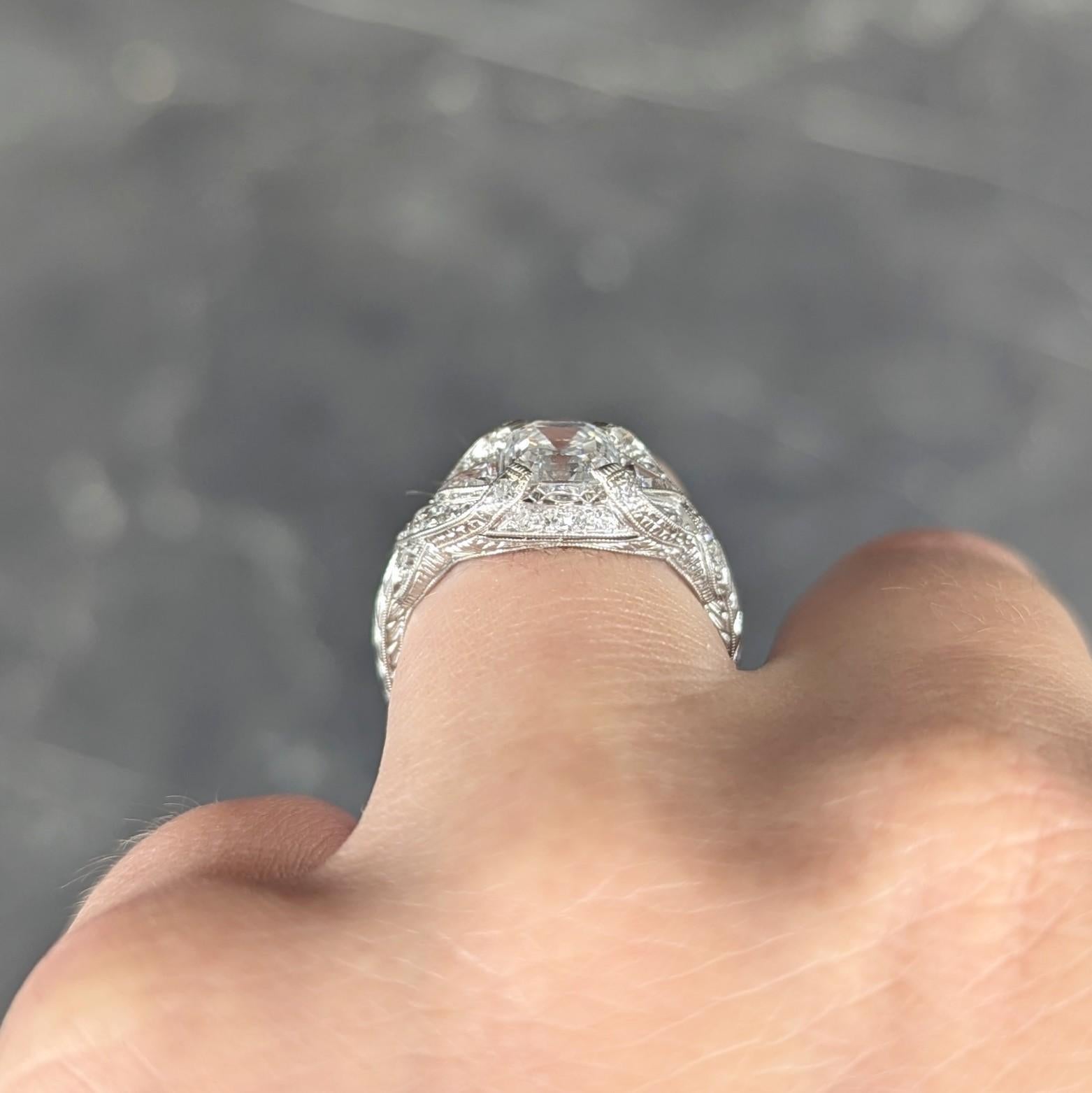 Art Deco 2.20 CTW Asscher Cut Diamond Platinum Vintage Wheat Engagement Ring For Sale 7