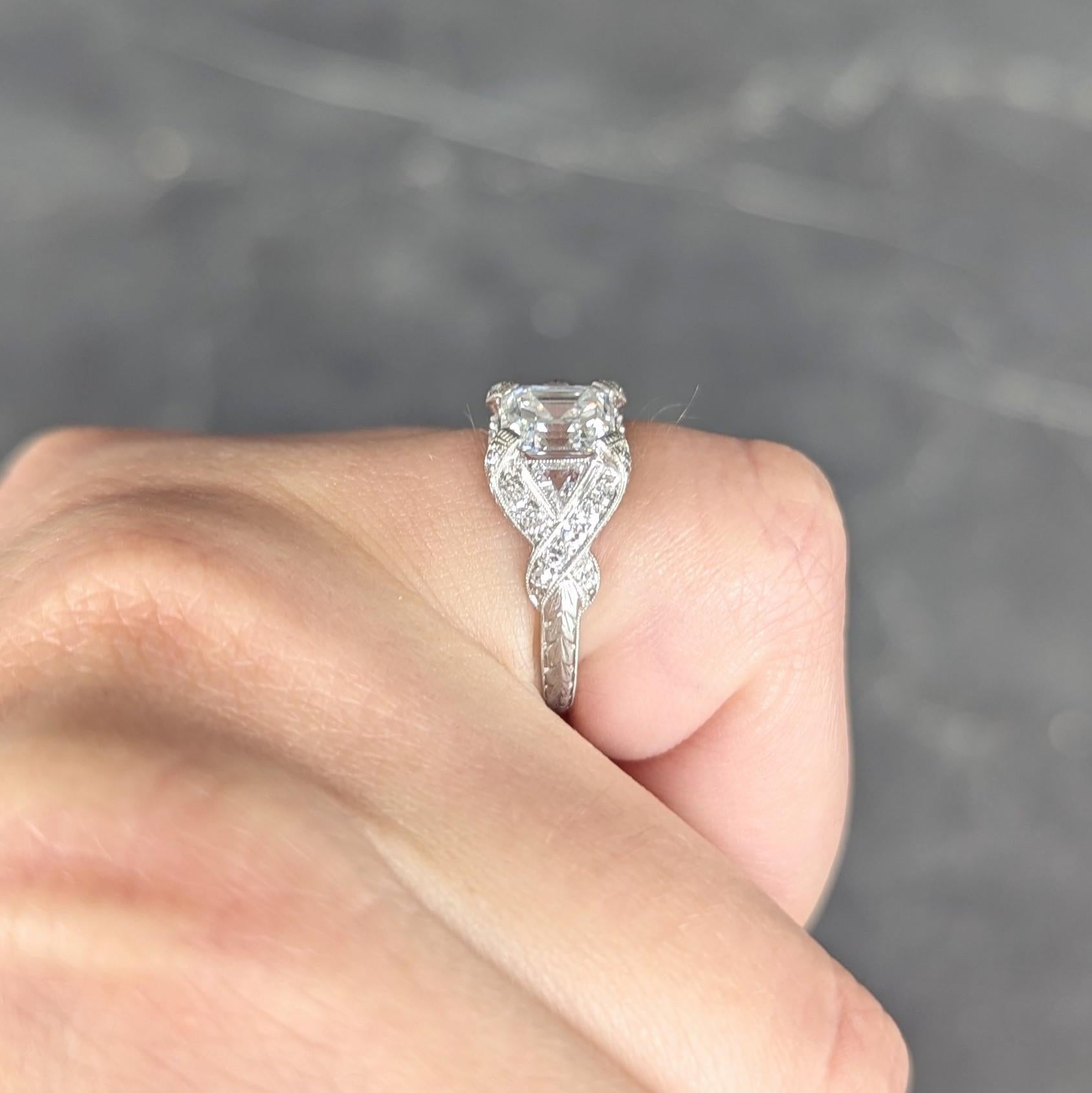 Art Deco 2.20 CTW Asscher Cut Diamond Platinum Vintage Wheat Engagement Ring For Sale 8