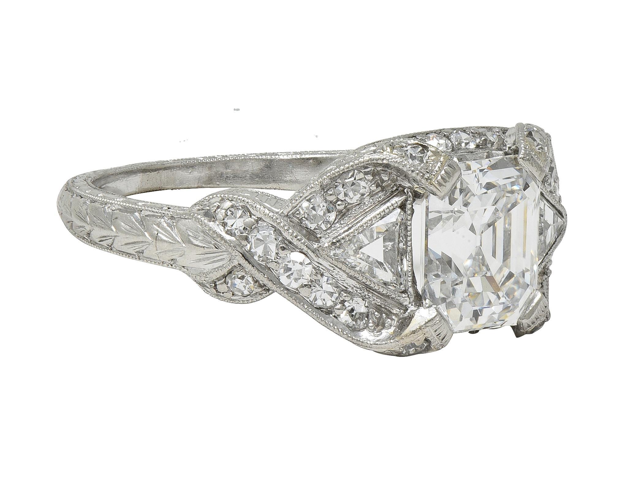 Art Deco 2.20 CTW Asscher Cut Diamond Platinum Vintage Wheat Engagement Ring In Excellent Condition For Sale In Philadelphia, PA