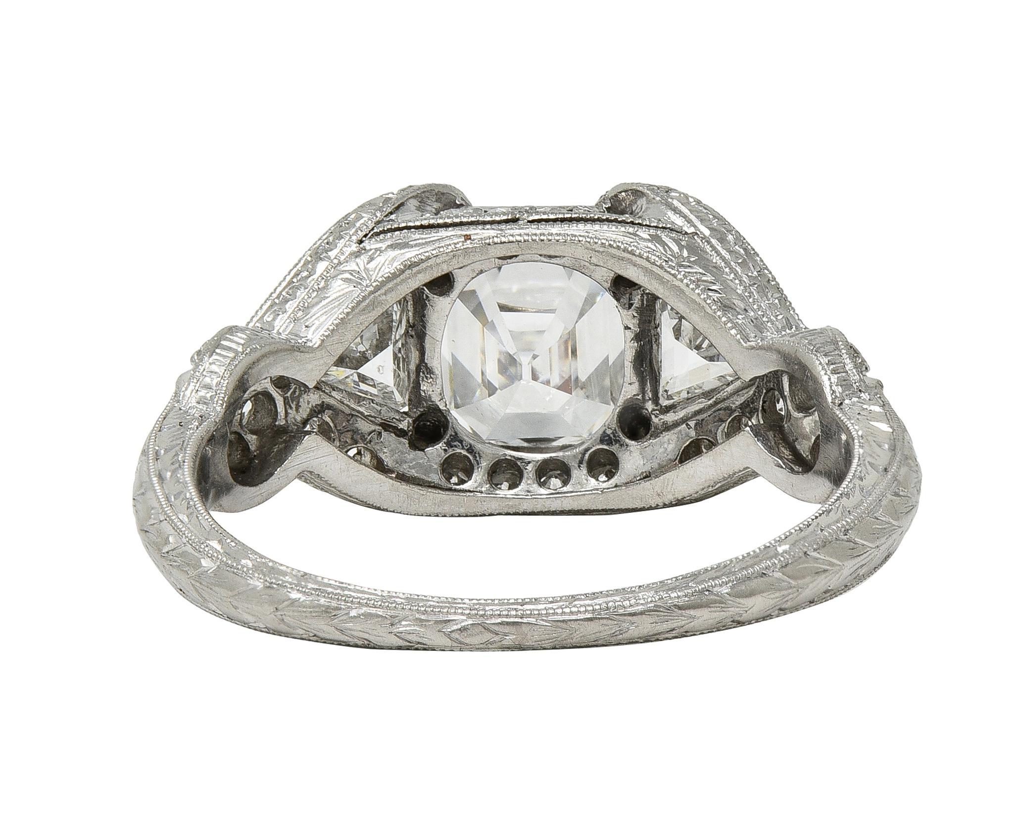 Art Deco 2.20 CTW Asscher Cut Diamond Platinum Vintage Wheat Engagement Ring For Sale 1