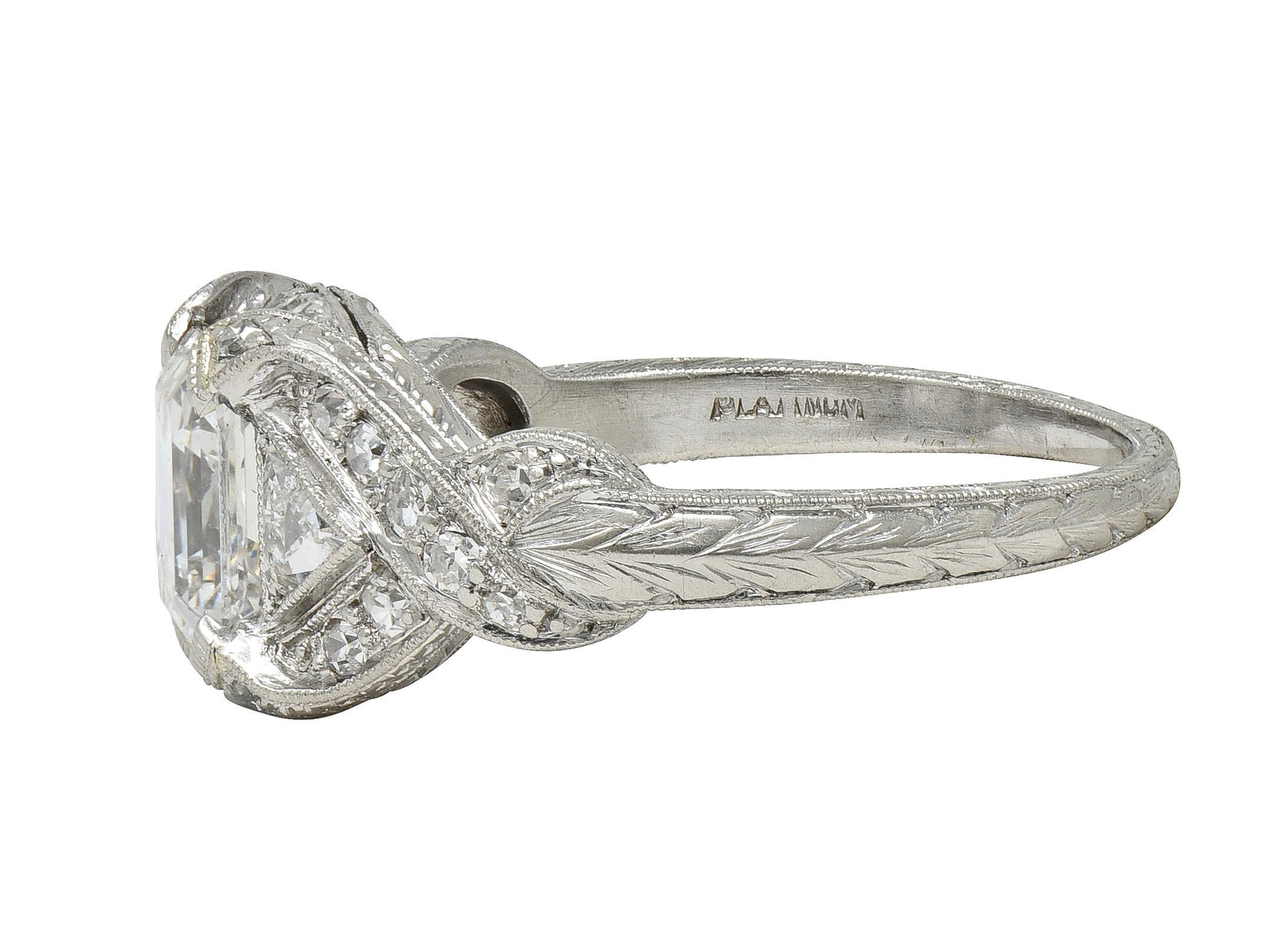 Art Deco 2.20 CTW Asscher Cut Diamond Platinum Vintage Wheat Engagement Ring For Sale 2