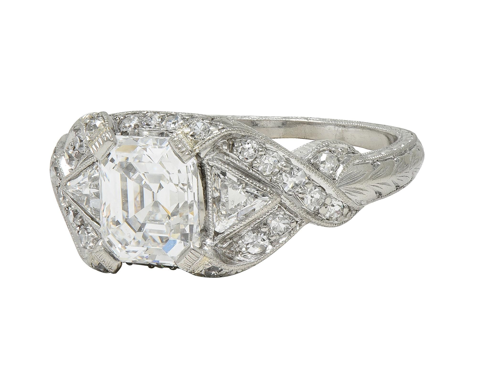 Art Deco 2.20 CTW Asscher Cut Diamond Platinum Vintage Wheat Engagement Ring For Sale 3