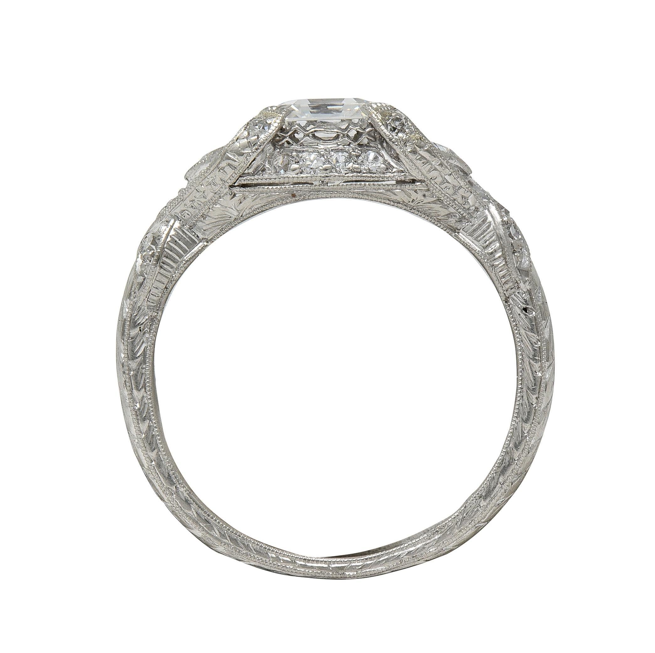 Art Deco 2.20 CTW Asscher Cut Diamond Platinum Vintage Wheat Engagement Ring For Sale 5