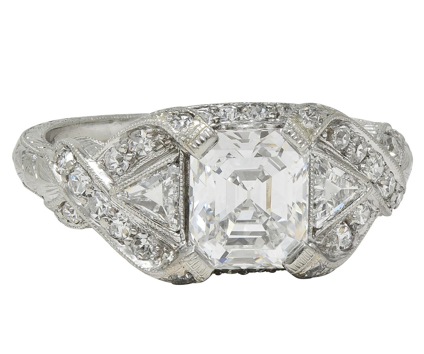 Art Deco 2.20 CTW Asscher Cut Diamond Platinum Vintage Wheat Engagement Ring For Sale