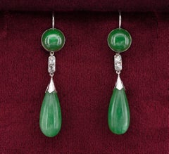 Art Deco 22.00 Ct Natural Emerald Old Mine Diamond 18 Kt Earrings