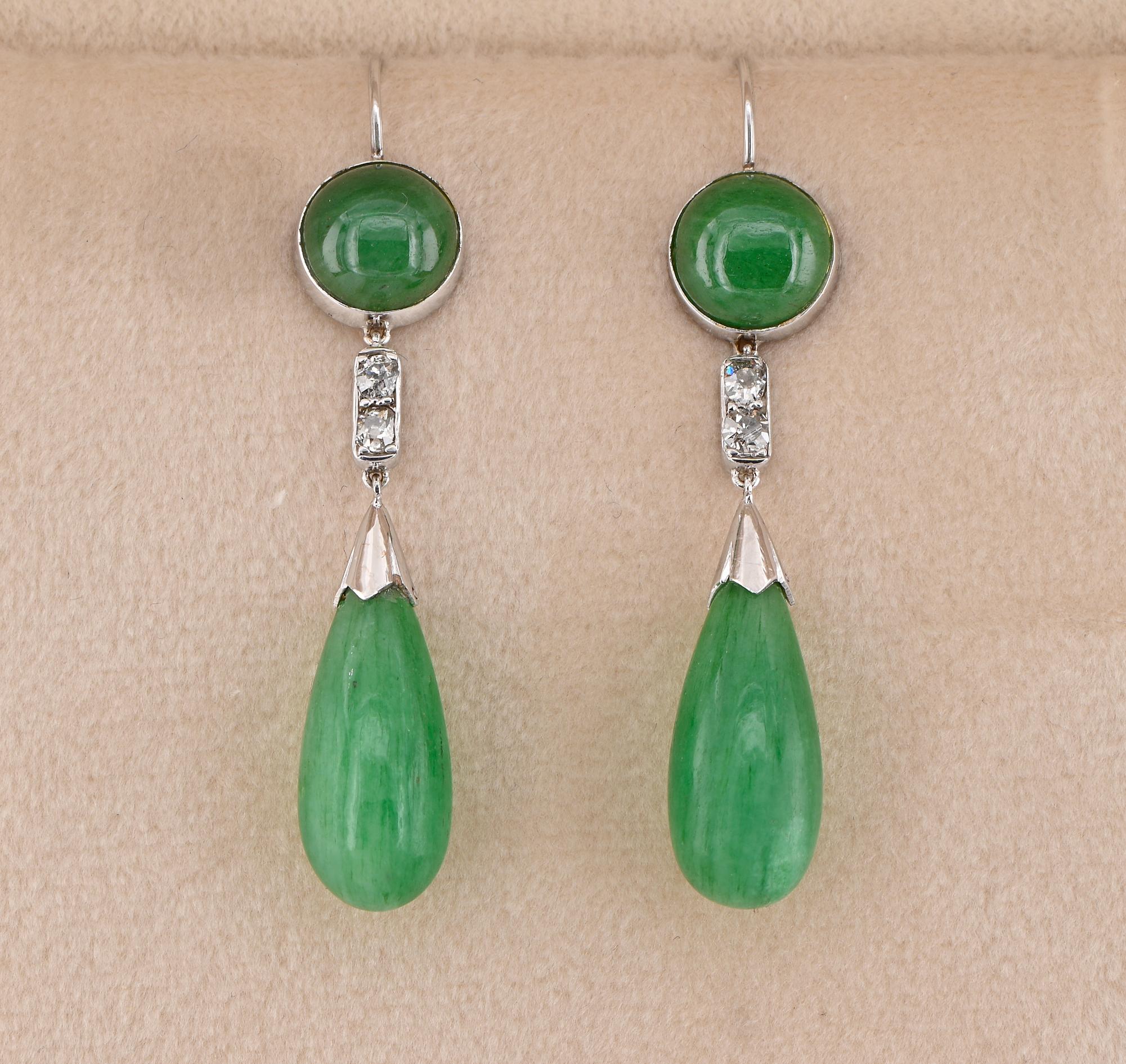 Old Mine Cut Art Deco 22.00 Ct Natural Emerald Old Mine Diamond 18 Kt Earrings For Sale