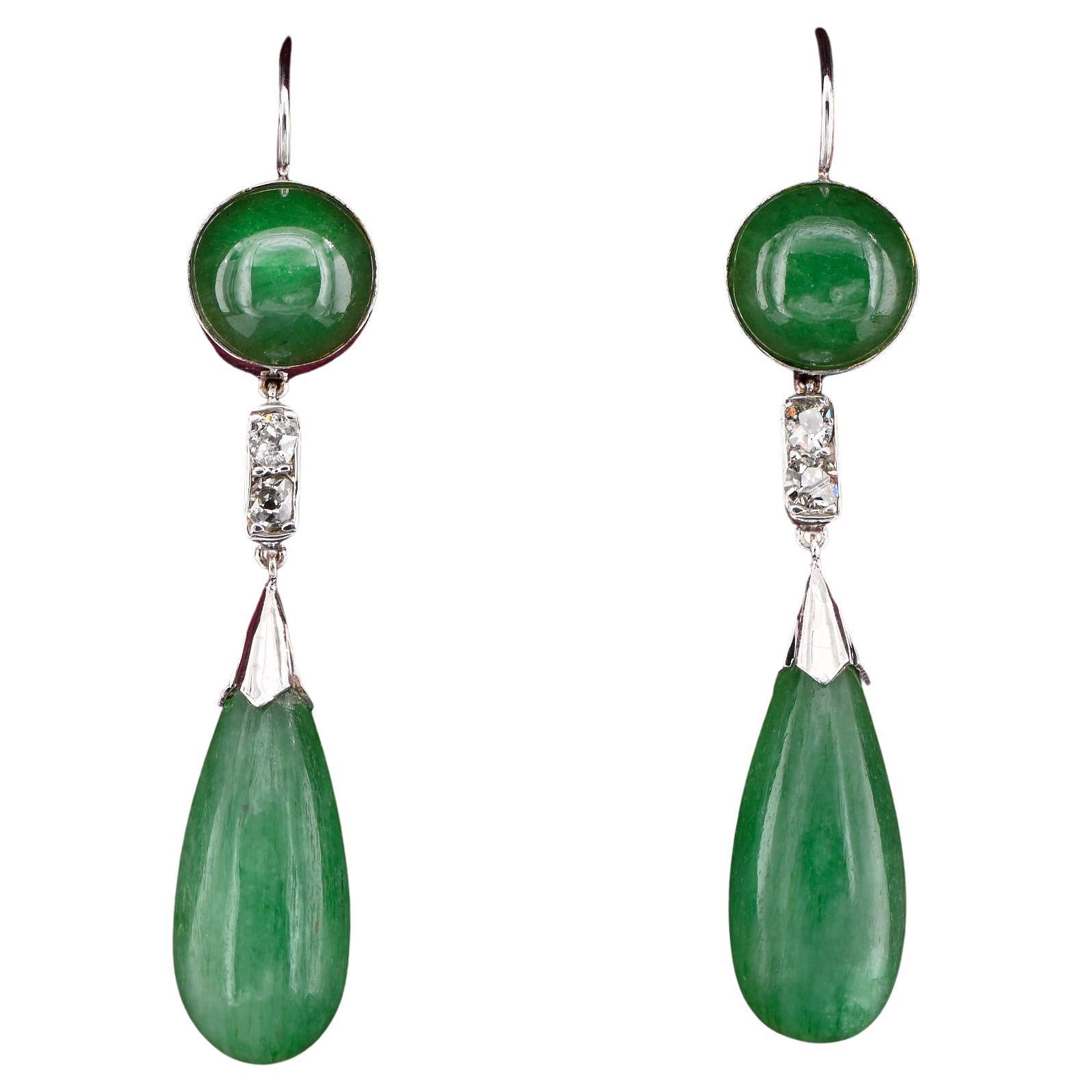 Art Deco 22.00 Ct Natural Emerald Old Mine Diamond 18 Kt Earrings For Sale