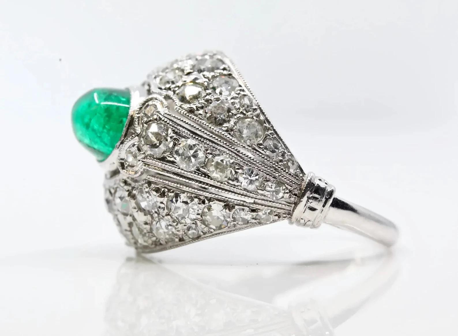 Cabochon Art Deco 2.20ct Colombian Emerald & Diamond Ring in Platinum For Sale