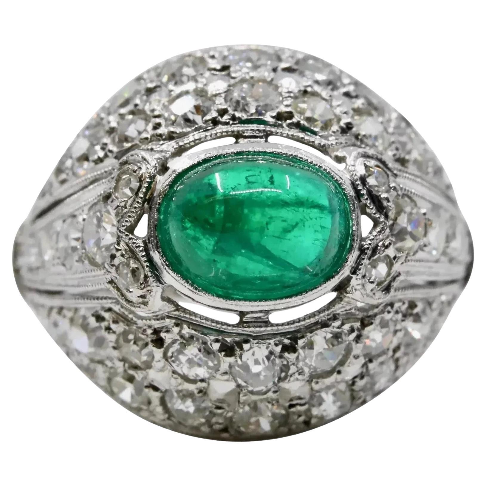 Art Deco 2.20ct Colombian Emerald & Diamond Ring in Platinum For Sale