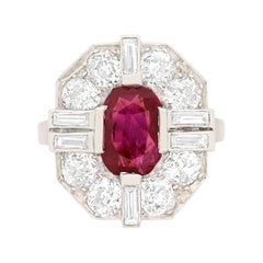 Art Deco 2.21 Carat Ruby and Diamond Cluster Ring, circa 1920s