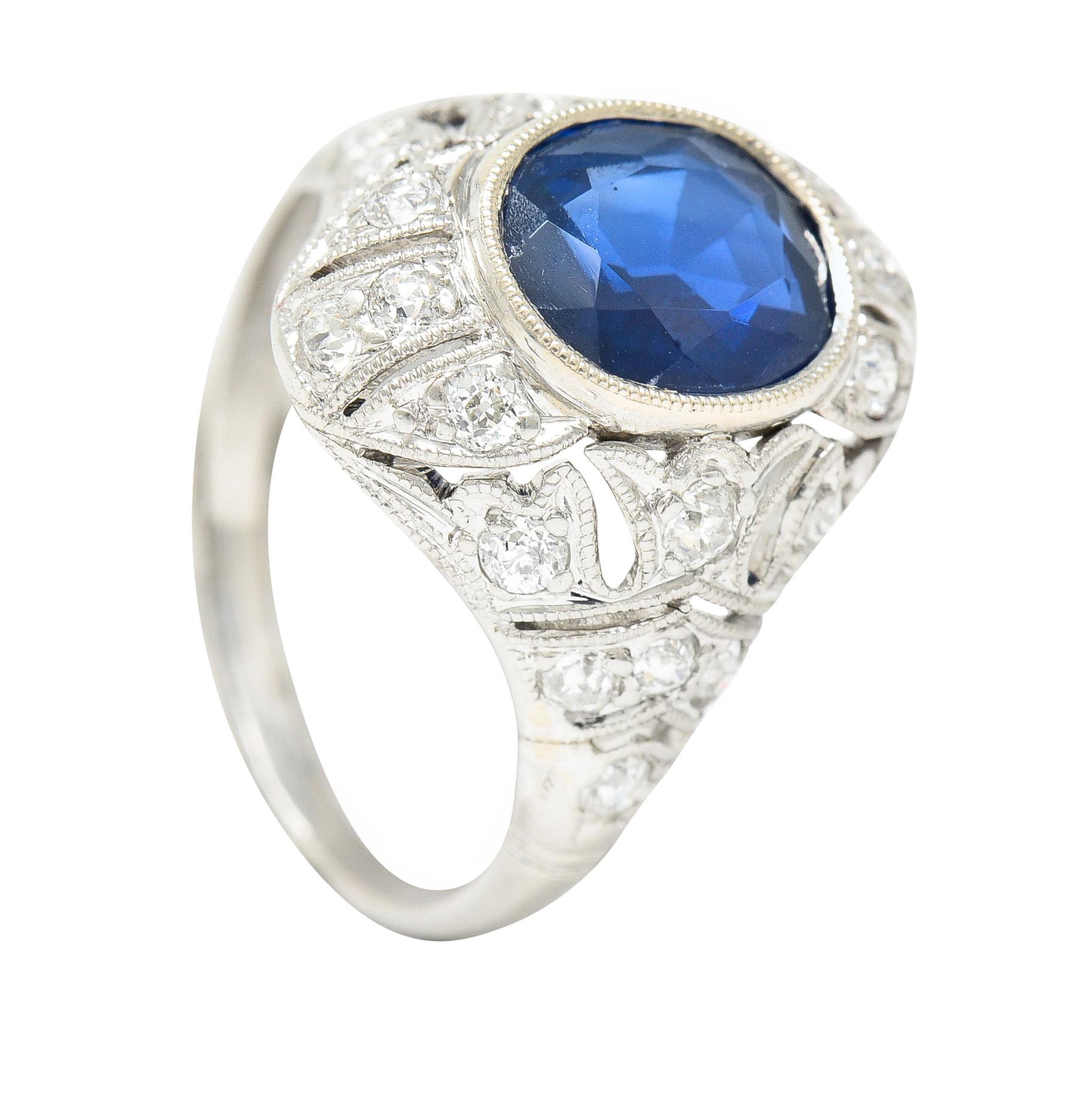 Art Deco 2.22 Carat Cushion Cut Sapphire Diamond Platinum Pierced Chevron Ring For Sale 6